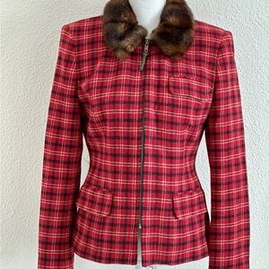 Lauren Ralph Lauren Red Plaid Blazer with Faux Fur Collar S/10